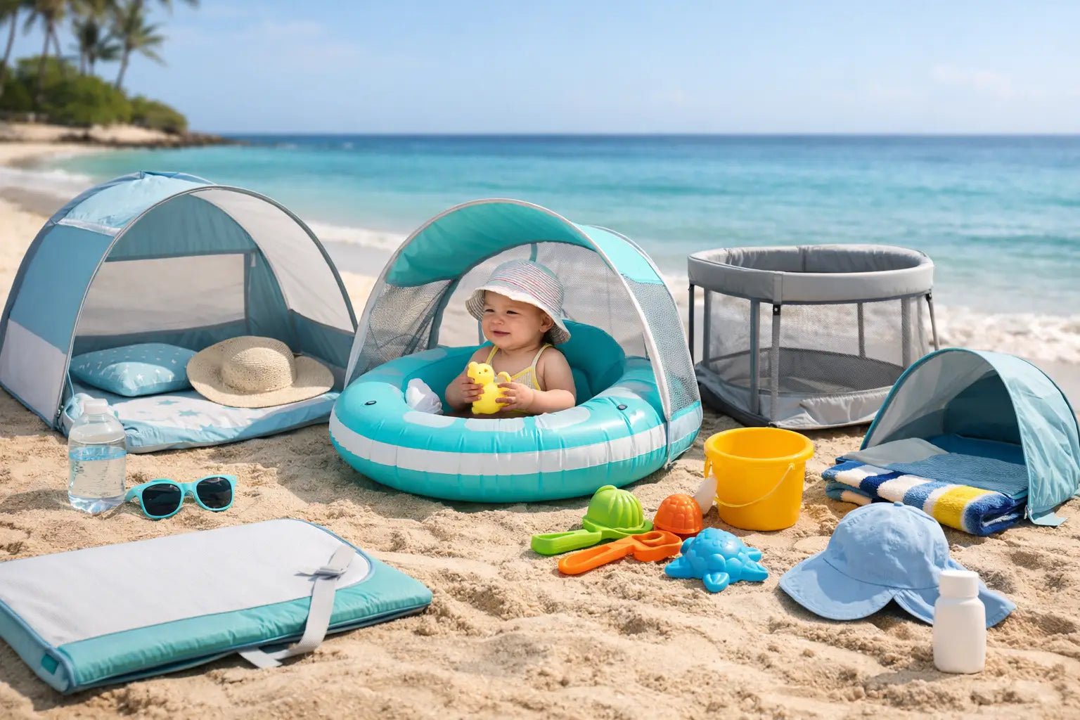 8 mejores accesorios para playa bebé seguros - BEBABI