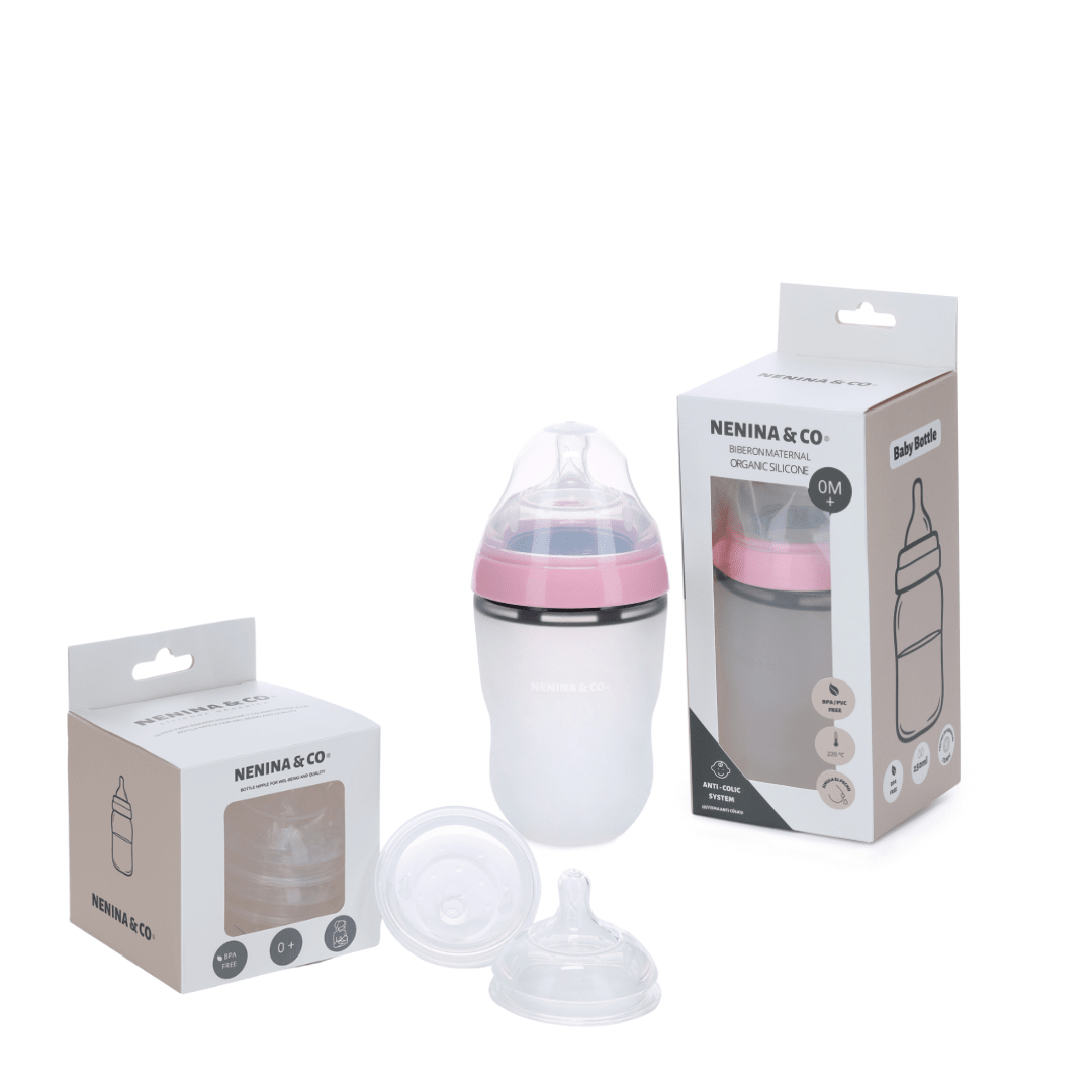 Biberón rosa + 4 tetinas de silicona - Nenina & Co - MINI MUNDO