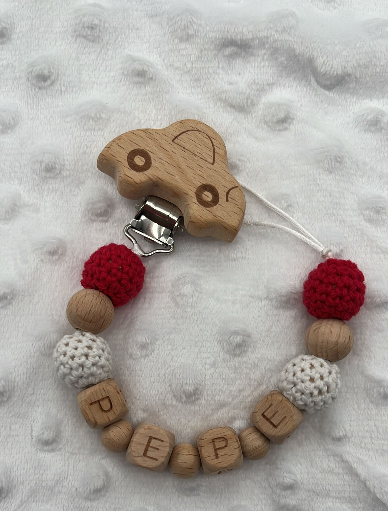Chupetero personalizado de madera - Rojo y blanco - MINI MUNDO