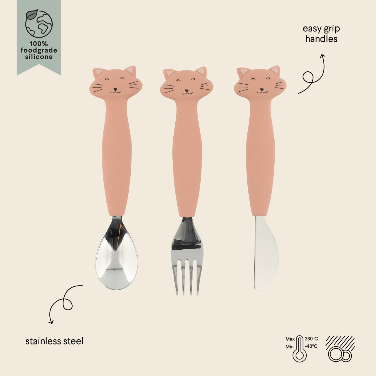 Cubiertos de 3 piezas en silicona - Mrs. Cat - MINI MUNDO