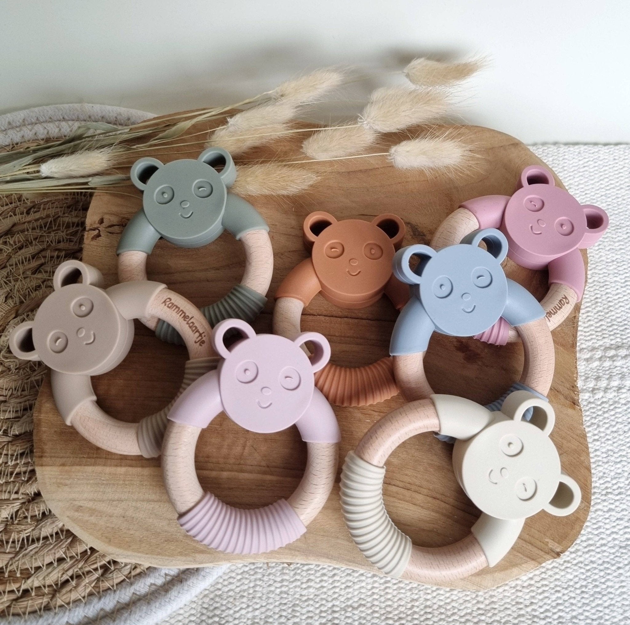 Mordedor silicona madera - oso panda rosa claro - MINI MUNDO