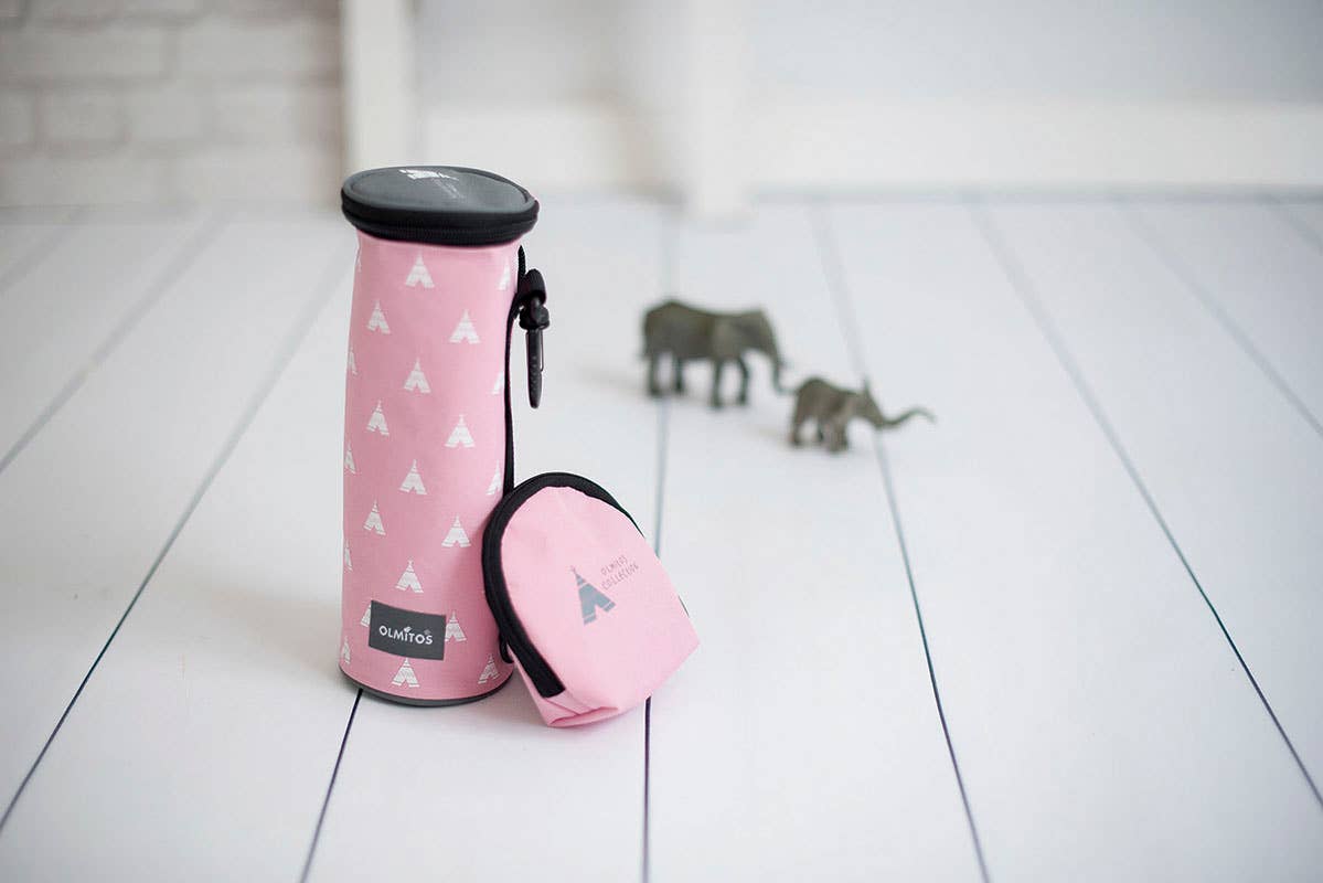 Pack Bolso de pañales + funda térmica - Olmitos - rosa y gris - MINI MUNDO
