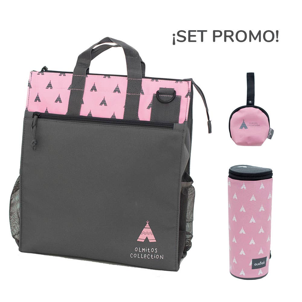 Pack Bolso de pañales + funda térmica - Olmitos - rosa y gris - MINI MUNDO