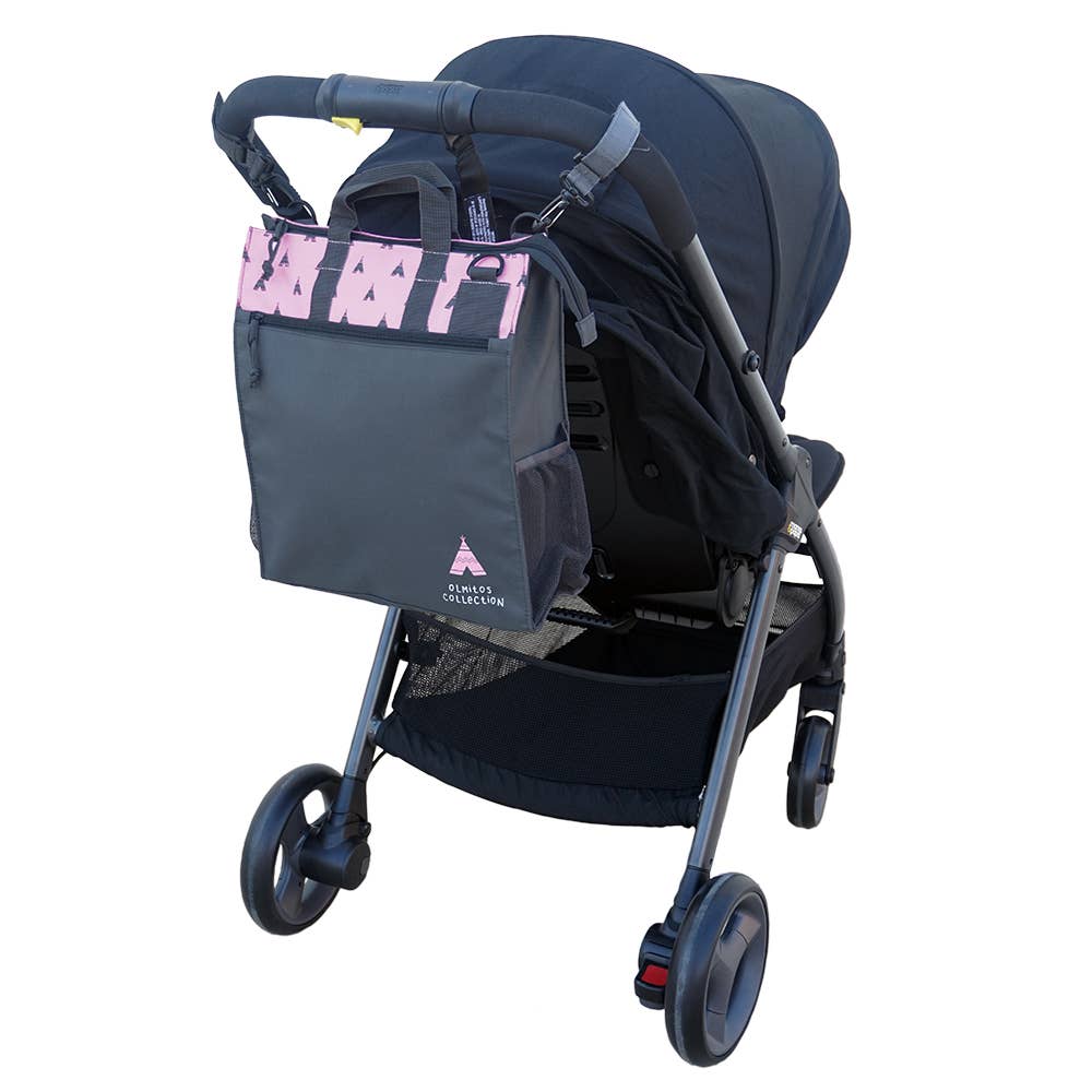 Pack Bolso de pañales + funda térmica - Olmitos - rosa y gris - MINI MUNDO