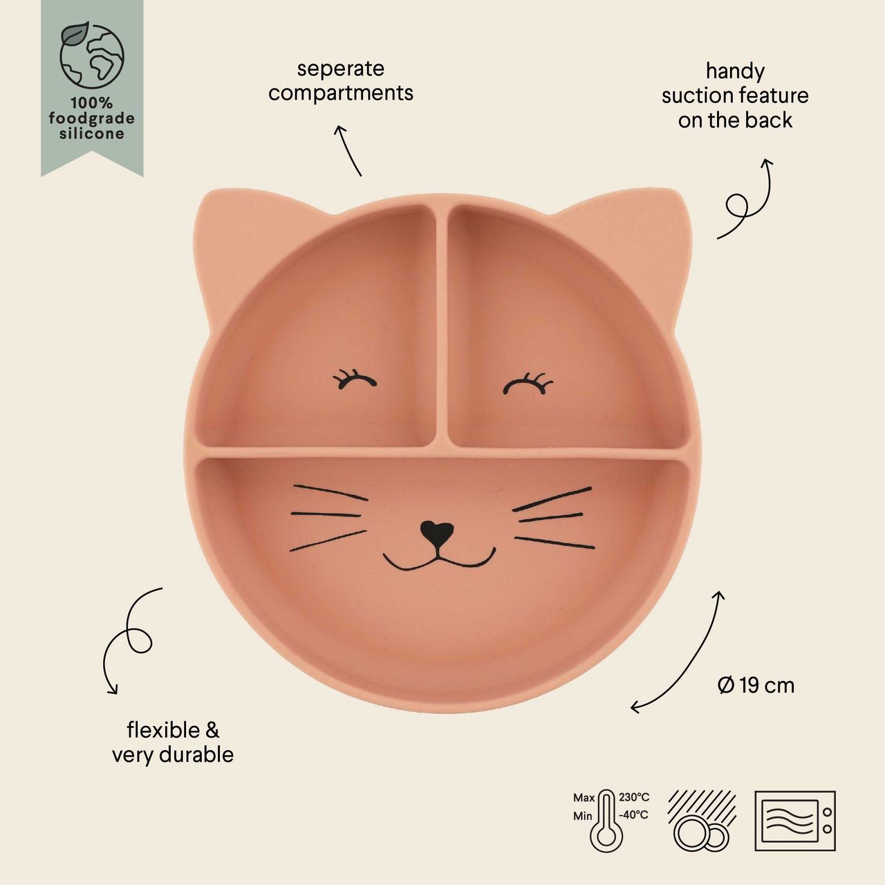 Plato compartimentado de silicona con ventosa - Mrs. Cat - MINI MUNDO